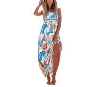 CUPSHE Vestido largo para mujer, floral, sin mangas, fruncido, con volantes, tirantes delgados, vestidos largos de verano para la playa, Azul tropical, S