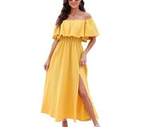 CUPSHE Vestido para mujer de verano en forma de vestido de hombros descubiertos largo maxi con volantes ajustado a la cintura con estampado tropical, amarillo, XL