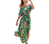 CUPSHE Vestido para Mujer de Verano en Forma de Vestidos de Hombros Descubiertos Maxi Largo con Volantes Ajustado a la Cintura con Estampado Tropical, M