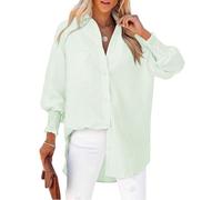 Cuptacc Blusas Mujer Elegantes Cuello en V Puños Plisados Camisa Rayas Mujer Manga Larga Comodidad Ligero Top con Bolsillo Rayas Verde Claro XL