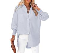 Cuptacc Camisa Mujer Manga Larga Elegante Raya Cuello V Blusas con Botones Transpirable Cómoda Top Puños Plisados Camisas Rayas Azul Oscuro XL