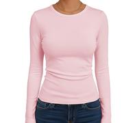 Cuptacc Camiseta de manga larga para mujer, elegante, cuello redondo, estrecho, jersey de punto acanalado, mantiene caliente, parte superior, básica, monocolor, camiseta de manga larga, Rosa., XXL