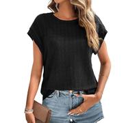Cuptacc Camiseta de Mujer de Verano 2025 Top de Moda Cuello Redondo Monocolor Blusa con Mangas de Solapa Ligera Negra L