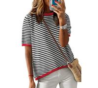 Cuptacc Camiseta de Mujer Rayas, Top de Verano Holgado con Cuello Redondo, Manga Corta, Algodón, Talla L 42-44