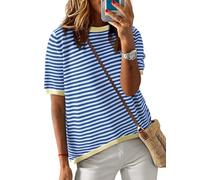 Cuptacc Camiseta de Mujer Rayas, Top de Verano Holgado con Cuello Redondo, Manga Corta, Algodón, Talla L 42-44