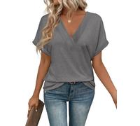 Cuptacc Camiseta Manga Corta Mujer Color Sólido Top Mujer Verano Elegantes Cuello en V Blusa Gris, XX-Large XXL 50-54