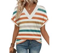 Cuptacc Camiseta Manga Corta Mujer Color Sólido Top Mujer Verano Elegantes Cuello en V Blusa Rayas Naranjas Verdes, XX-Large XXL 50-54