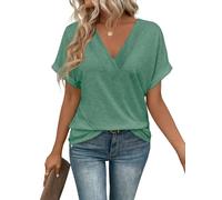Cuptacc Camiseta Manga Corta Mujer Color Sólido Top Mujer Verano Elegantes Cuello en V Blusa Verde, XX-Large XXL 50-54