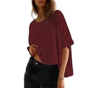 Cuptacc Camiseta Manga Corta Mujer Talla Grande Verano Oversized Casual Cuello Redondo Loose T Shirt Blusa Top Vino M 38-40