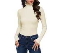 Cuptacc Camiseta Mujer Cuello Alto Sólido Elástico Manga Larga Túnica Otoño Corte Ajustado Gracia Comodidad Térmicas Top Mujer Blanco Beige M