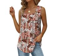 Cuptacc Camiseta Mujer de Verano con Tirantes Anchos, Escote Cuadrado, Sin Mangas, Top Mujer con Pliegues Flowy, Respirable, Camisa Mujer de Ajuste Suelto, Cami Flores Marrone XXL 52-54