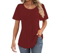 Cuptacc Camiseta Mujer Estilo Elegante Manga Globo Plisado Cuello Redondo T-Shirt Verano Borgoña Talla 2XL 50-52