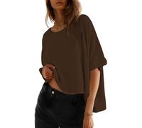 Cuptacc Camiseta Mujer Manga Corta Verano Oversize Cuello Redondo Top Talla Grande Casual Básica Blusa Marrón Oscuro XXL 50-52
