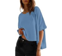 Cuptacc Camiseta Mujer Manga Corta Verano Oversize Cuello Redondo Top Talla Grande Casual Básica Blusa Azul Claro L 42-44