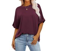 Cuptacc Camiseta Mujer Oversize Camiseta Mujer Top Verano Escote Redondo Básico Tank Top Manga Corta Túnica Elegante Vino Tinto Grande L 42-44