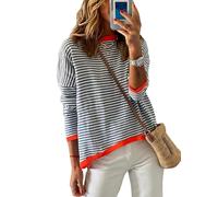 Cuptacc Jersey Mujer A Rayas Manga Larga Cuello Redondo Algodón Tops Casual Punto, Beige Rojo