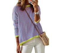 Cuptacc Jersey para Mujer A Rayas Sudadera Manga Larga Cuello Redondo Algodón Tops Casual Punto Jersey, Color Morado Azulado., M