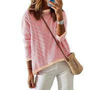 Cuptacc Jersey para Mujer A Rayas Sudadera Manga Larga Cuello Redondo Algodón Tops Casual Punto Jersey, Beige, M