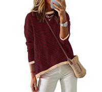 Cuptacc Jersey para Mujer A Rayas Sudadera Manga Larga Cuello Redondo Algodón Tops Casual Punto Jersey, Granate, M