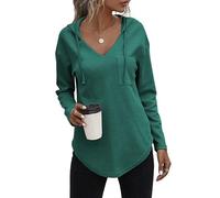 Cuptacc Sudadera Mujer Jersey Otoño 2024 Camiseta Cuello En V Sudaderas con Capucha Chic Verde Lago Oscuro,M 38-40