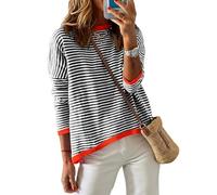 Cuptacc Sudadera Sin Capucha Camiseta Rayas Cuello Redondo Manga Larga Elegante, Negro, M