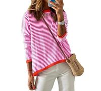 Cuptacc Sudadera Sin Capucha Mujer Camiseta Rayas Cuello Redondo Manga Larga Elegante, Rosa, M