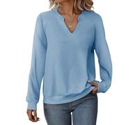 Cuptacc Sudaderas Mujer Sin Capucha Jersey Mujer Invierno Elegante Sueter Cuello En V Manga Larga Casual Azul XXL 50-52