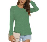 Cuptacc Top Mujer Manga Larga Basicas Suelto Cuello Redondo Sin Capucha Camiseta Invierno Essential Color Sólido Clásico Casual Top Mujer Verde Judía M