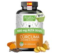 Cúrcuma con jengibre y pimienta negra Orgánica, 1500mg - Antiinflamatorio Natural - 180 Cápsulas de Curcuma, jengibre y pimienta negra - Certificación Ecológica, Probada en Laboratorio
