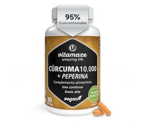 Cúrcuma Premium 10.000 mg (95%) + Bioperina (Pimienta Negra de Mayor Absorción) - Alta Dosis - Sólo 1 Cápsula al Día - Para 3 Meses - Vegano y Sin Aditivos - Made in Europe Vitamaze