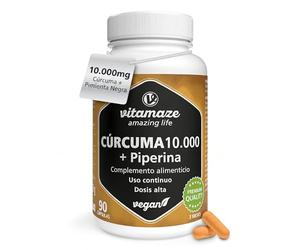 Cúrcuma y Pimienta Negra (10.000mg Cúrcuma + Bioperina de Mayor Absorción), Alta Dosis en Sólo 1 Cápsula al Día, 3 Meses, Vegano y Sin Aditivos, Fabricado en Alemania, Vitamaze