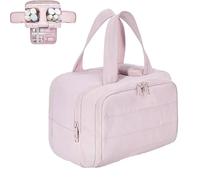 Cureaway - Bolsa de cosméticos de viaje de gran capacidad, amplia apertura, bolsa de cosméticos hinchada, organizador con asa, bolsas de aseo planas abiertas para mujeres con divisor y asa, Pink, 1