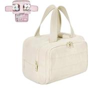 Cureaway - Bolsa de cosméticos de viaje de gran capacidad, amplia apertura, bolsa de cosméticos hinchada, organizador con asa, bolsas de aseo planas abiertas para mujeres con divisor y asa, beige, 1