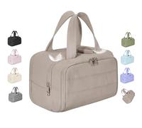 Cureaway Travel Cosmetic Bag, Large Capacity Wide-Open Travel Cosmetic Bag, 4-in-1 Fluffy Multifunctional Large Opening, for Toiletries Storage (Khaki)