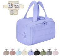 Cureaway Travel Cosmetic Bag, Large Capacity Wide-Open Travel Cosmetic Bag, 4-In-1 Puffy Multi-Functional Toiletry, for Women with Divider and Handle (Purple)
