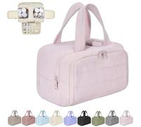 Cureaway Travel Cosmetic Bag, Large Capacity Wide-Open Travel Cosmetic Bag, 4-In-1 Puffy Multi-Functional Toiletry, for Women with Divider and Handle (Pink)