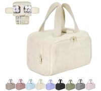 Cureaway Travel Cosmetic Bag, Large Capacity Wide-Open Travel Cosmetic Bag, 4-In-1 Puffy Multi-Functional Toiletry, for Women with Divider and Handle (Beige)