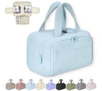 Cureaway Travel Cosmetic Bag, Large Capacity Wide-Open Travel Cosmetic Bag, 4-In-1 Puffy Multi-Functional Toiletry, for Women with Divider and Handle (Blue)