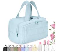 Cureaway Travel Cosmetic Bag, Large Capacity Wide-Open Travel Cosmetic Bag, 4-In-1 Puffy Multi-Functional Toiletry Bag, Open Flat Makeup Bag for Accessories, Essentials, Toiletries (Blue)