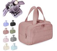 Cureaway Travel Cosmetic Bag, Large Capacity Wide-Open Travel Cosmetic Bag, 4-in-1 Puffy Multi-Functional Toiletry Bag, Waterproof Open Flat Toiletry Bags with Handle (Pink-A)
