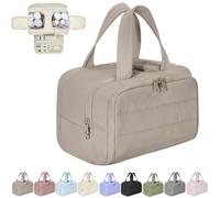 Cureaway Travel Cosmetic Bag, Large Capacity Wide-Open Travel Cosmetic Bag, 4-In-1 Puffy Multi-Functional Toiletry, for Women with Divider and Handle (Brown)