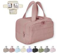 Cureaway Travel Cosmetic Bag, Large Capacity Wide-Open Travel Cosmetic Bag, 4-In-1 Puffy Multi-Functional Toiletry, for Women with Divider and Handle (Dark Pink)