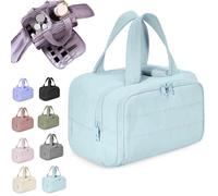 Cureaway Travel Cosmetic Bag, Large Capacity Wide-Open Travel Cosmetic Bag, 4-in-1 Puffy Multi-Functional Toiletry Bag, Waterproof Open Flat Toiletry Bags with Handle (Blue)