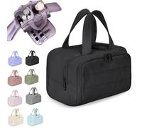 Cureaway Travel Cosmetic Bag, Large Capacity Wide-Open Travel Cosmetic Bag, 4-in-1 Puffy Multi-Functional Toiletry Bag, Waterproof Open Flat Toiletry Bags with Handle (Black)