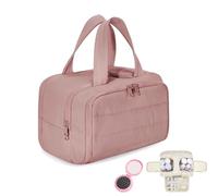 Cureaway Travel Cosmetic Bag, Large Capacity Wide-Open Travel Cosmetic Bag, Puffy Cosmetic Makeup Bags Organizer with Handle for Accessories, Essentials, Toiletries (Dark Pink)