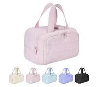 Cureaway Travel Cosmetic Bag, Large Capacity Wide-Open Travel Cosmetic Bag, Waterproof Portable Pouch Open Flat Toiletry Bags, Dry-and-Wet Separation (Pink)