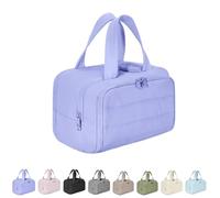 Cureaway Travel Cosmetic Bag, Large Capacity Wide-Open Travel Cosmetic Bag, Waterproof Portable Pouch Open Flat Toiletry Bags, for Women with Divider and Handle (Light Purple)