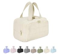 Cureaway Travel Cosmetic Bag, Large Capacity Wide-Open Travel Cosmetic Bag, Waterproof Portable Pouch Open Flat Toiletry Bags, for Women with Divider and Handle (Beige)