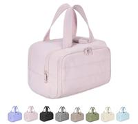 Cureaway Travel Cosmetic Bag, Large Capacity Wide-Open Travel Cosmetic Bag, Waterproof Portable Pouch Open Flat Toiletry Bags, for Women with Divider and Handle (Pink)