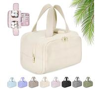 Cureaway Travel Cosmetic Bag, Portable Large Capacity Wide-Open Travel Cosmetic Bag, with 4 Compartments, Lightweight Waterproof for Accessories,Essentials, Toiletries (Beige)